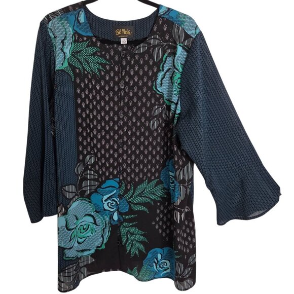 Bob Mackie Wearable Art 3/4 Sleeve Full-Button-Down Floral Blouse Top Black Blue - Picture 1 of 6